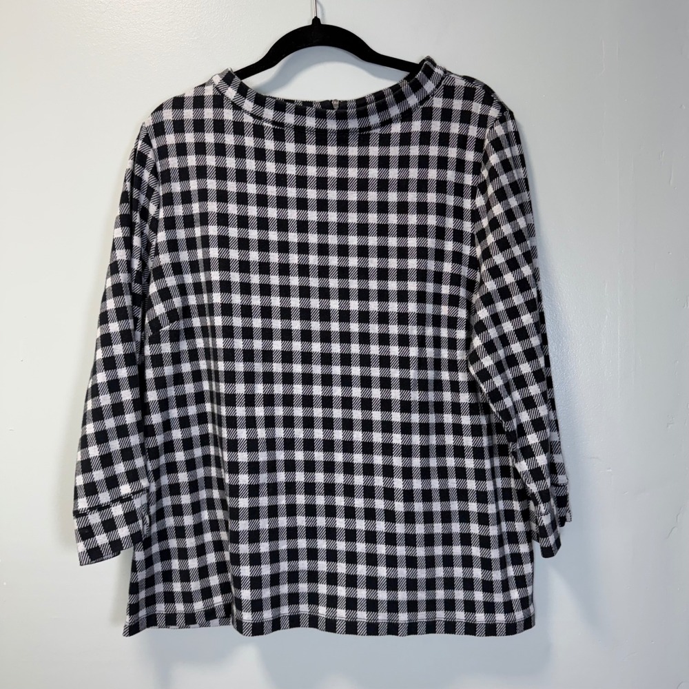 Talbots Womens XL Black White‎ Gingham Check 3/4 Sleeve Back Zip Knit Top Blouse